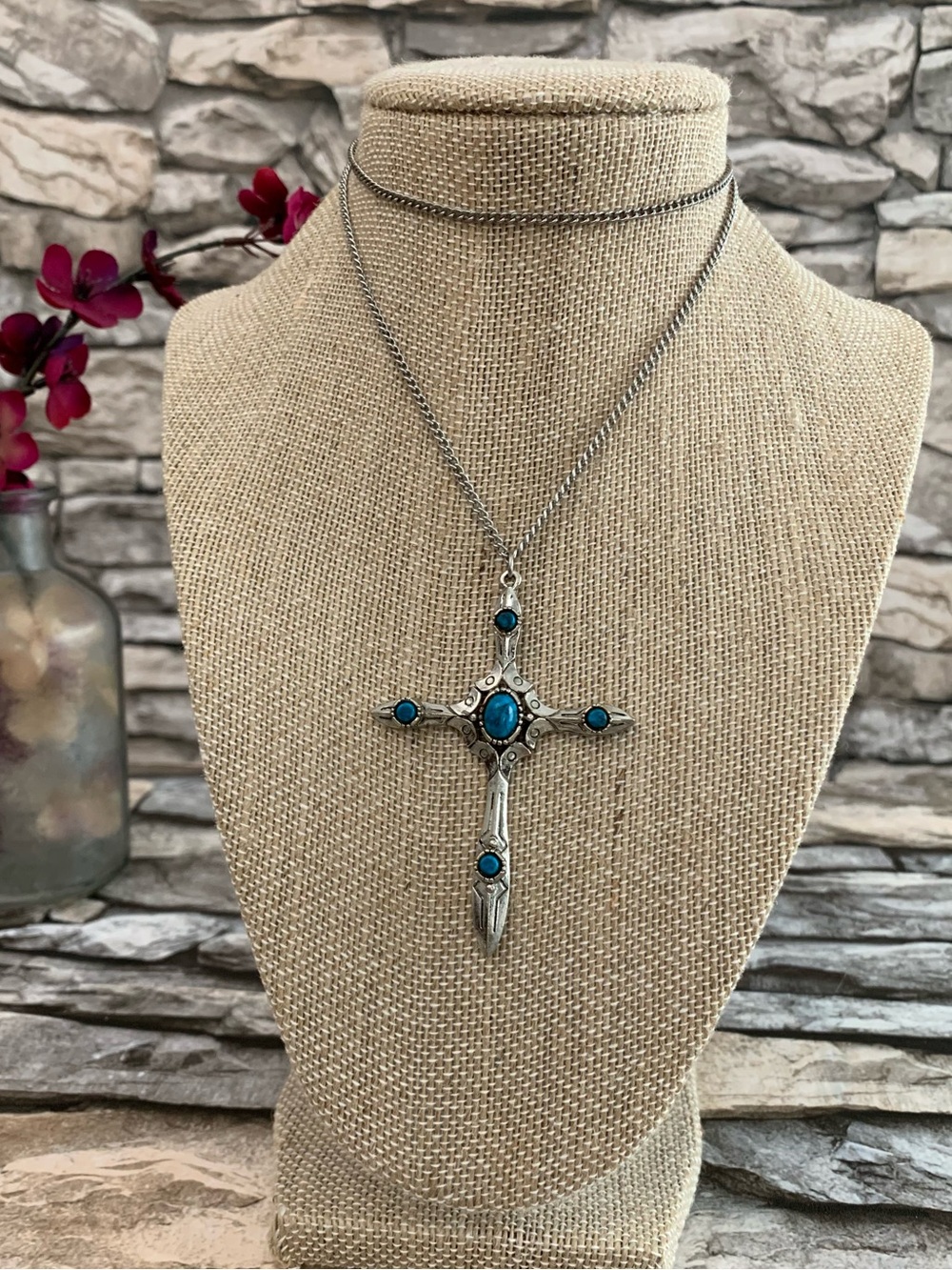 Vintage Signed ART Cross Pendant Faux Turquoise Cabochons Necklace Arthur Pepper